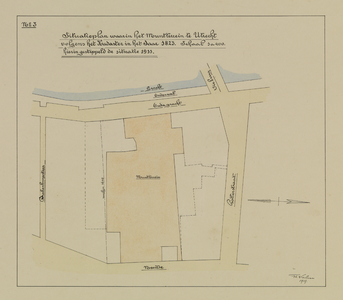 214099 Plattegrond van het terrein van de Rijksmunt, gelegen tussen de Oudegracht en de Neude te Utrecht, met ...